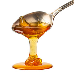 Golden honey dripping from a spoon isolated on transparent background