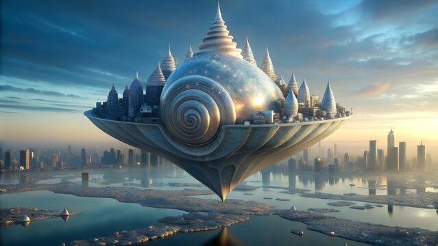 Floating city with shell structure above a cityscape and water body