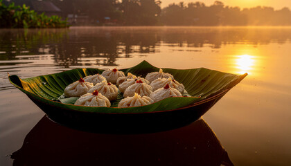 Obraz premium Bangladeshi Pitha Puli in Banana Leaf Boat on Calm Pond at Morning Mist