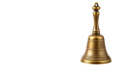 Antique Brass Hand Bell with Decorative Engravings on White Background