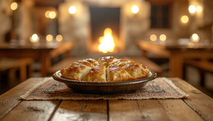Bosnian Burek Sirni in Ceramic Dish on Wooden Table in Mountain Cabin with Firelight