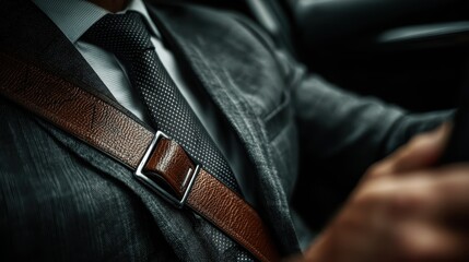 Gentleman wearing seatbelt buckled in car, dressed in business suit with patterned tie, preparing to drive safely and securely on road