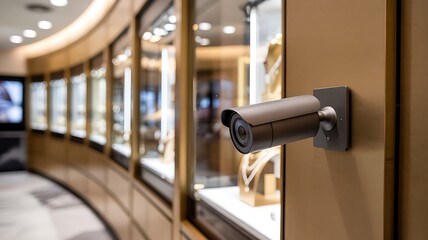 Security camera mounted on a wooden wall observing a curved display case filled with luxury items in a well lit retail store
