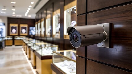 Close up of a security camera mounted on a dark wood wall in a luxury jewelry store showcasing display cases with watches