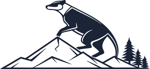 Vector illustration of a bear standing on a mountain peak in bold monochrome style. Symbol of wilderness, strength, and adventure. Perfect for outdoor, logo, and branding themes.