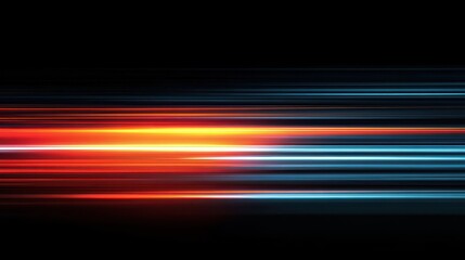 bright light streaks in red orange and blue on black background with glowing horizontal lines in motion blur effect