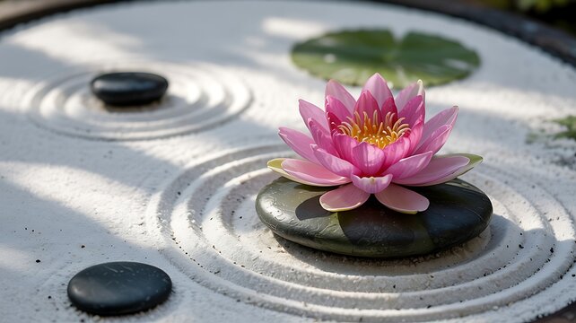 Serene pink water lily flower blooming on dark stone in a tranquil japanese zen garden with raked sand patterns - Powered by Adobe