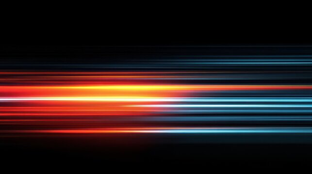 bright light streaks in red orange and blue on black background with glowing horizontal lines in motion blur effect
