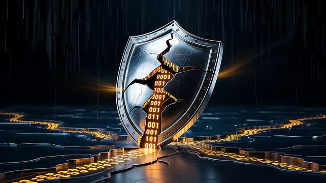 Cracked digital shield with glowing energy emanating from within symbolizing cybersecurity breach and data protection challenges