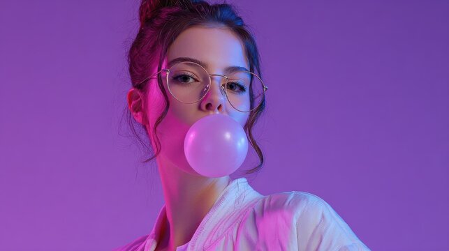 pretty young 20s fashion teen girl model wear glasses blowing bubble gum looking at camera standing at purple studio background igen teenager in trendy stylish night glow 80s 90s concept portrait no 