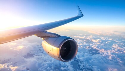 An airplane engine and wing at sunrise, viewed from the window, with a vast expanse of clouds and snow-capped mountains below.