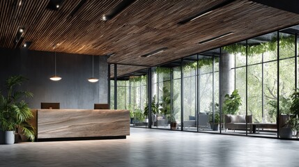 modern office reception area with wooden ceiling glass walls and plants