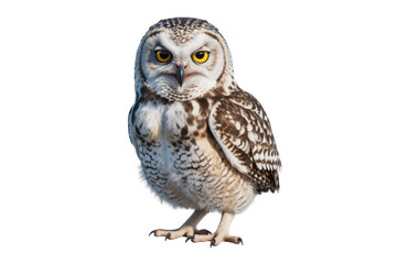 Naklejka premium A fierce-looking spotted owl with bright yellow eyes stands against a transparent background. background removed