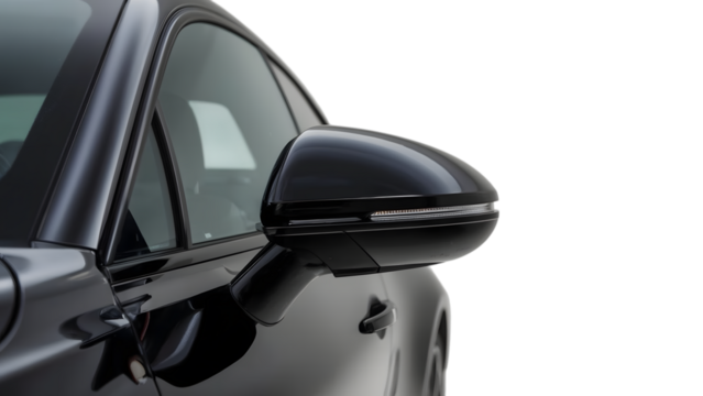 Sleek Automotive Detail: A close-up view showcases the elegant design of a modern car, emphasizing its clean lines, tinted windows, and the integrated side mirror. 