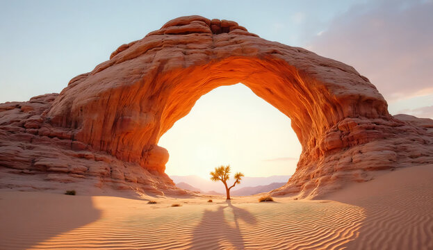 Natural Rock Arch in Desert Landscape with Lone Tree at Sunset