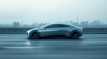 futuristic electric car with a sleek, minimalist design, driving on a clean, empty highway. The car has glowing lines that trace its body. The background is a clean, modern cityscape