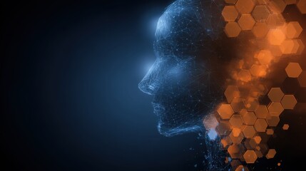 abstract human head silhouette with digital hexagon patterns representing ai data and information flow
