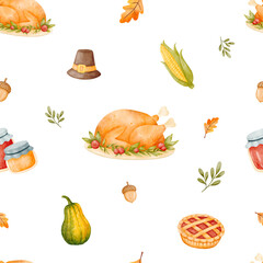 Thanksgiving Watercolor Seamless Pattern with Turkey, Pumpkin Pie, Corn and Autumn Harvest Elements. On Transparent Background