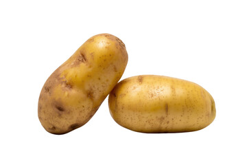 Obraz premium Two yellow potatoes, slightly dirty, isolated on a transparent background. background removed