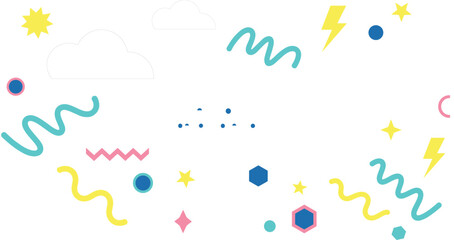 Colorful abstract shapes and playful symbols including squiggles, stars, lightning bolts, and clouds for vibrant decorative graphic design projects