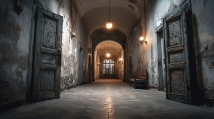 Eerie hallway in abandoned building with open doors and peeling paint at daytime