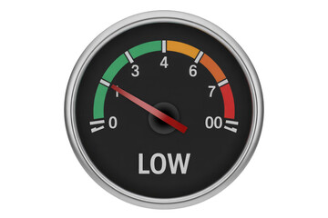 A circular gauge with a red needle pointing to 'LOW', indicating a low level. background removed