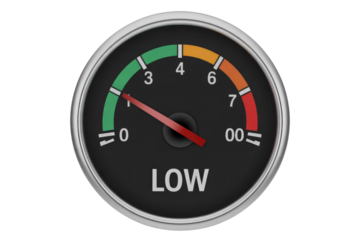 A circular gauge with a red needle pointing to 'LOW', indicating a low level. background removed