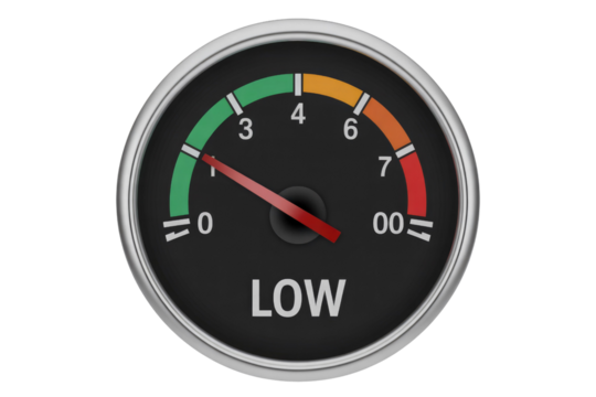 A circular gauge with a red needle pointing to 'LOW', indicating a low level. background removed