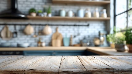wood table top on blur kitchen counter room background wooden table surface in foreground blurred modern kitchen background