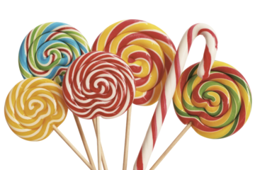 A colorful assortment of swirled lollipops and candy canes on sticks against a transparent background. background removed