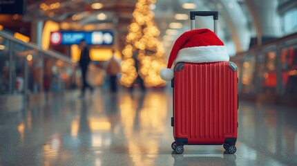 Suitcase with Santa hat in airport, red luggage symbolizing Christmas travel season, festive holiday journey with glowing lights and blurred Christmas tree in background