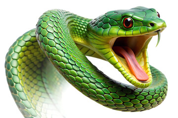 Fototapeta premium Green serpent hissing open mouth isolated on a transparent background