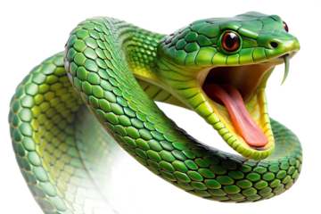 Green serpent hissing open mouth isolated on a transparent background
