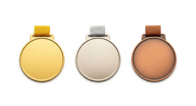 gold silver and bronze medals side by side isolated on white background wide format