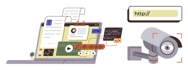 Open laptop with code, files, media, and tools, next to a CCTV camera and URL bar. Ideal for cybersecurity, surveillance, online privacy, data protection monitoring technology digital safety