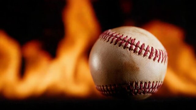 A baseball rests amidst a fiery backdrop, a striking contrast of sport and destruction.