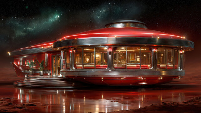 Retro futuristic diner on Mars features sleek, rounded design with vibrant red accents and large glass windows, set against starry cosmic backdrop. scene evokes sense of adventure and nostalgia - Powered by Adobe