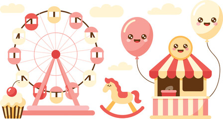 Cute carnival illustration with Ferris wheel, balloons, cupcake, rocking horse, kawaii booth, amusement park vector for kids