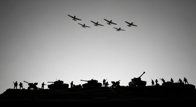 Air Force Flies Over Miniature War Scene with Tanks and Soldiers