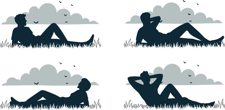 Man relaxing in grass outdoors, casual resting pose, silhouette illustration with clouds and birds, peaceful leisure scene