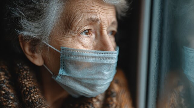 lonely old woman wearing surgical mask and looking through the window during lockdown senior sad woman with face protective mask stay at home depressed lady at home during the covid19 pandemic no log