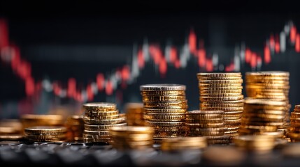 Stacks of coins resting on a financial chart showing fluctuations in the market, emphasizing investment, growth, and currency