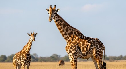 Obraz premium Giraffe Family in the African Savanna Habitat Under a Clear Sky at Daytime