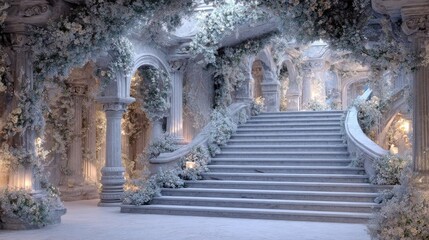 winter marble stairs and arches with flower garlands fantasy fairy palace stone stair with floral decorations fairytale princess castle interior vertical phone wallpaper ai generated image