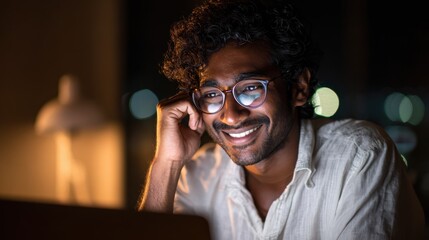 smiling young curly indian latin ethnic business man or student wearing glasses remote working overtime learning online late at night at home or in dark office using laptop computer at workplace no l