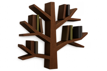 Wooden bookshelf shaped like a tree holding books with transparent background
