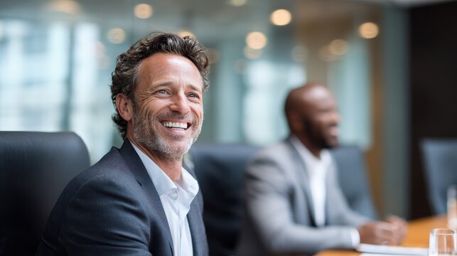smiling businessman sitting with a colleague at a boardroom table during a meeting in an office no logos no brands ar 169