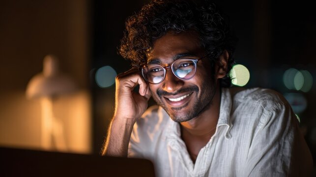 smiling young curly indian latin ethnic business man or student wearing glasses remote working overtime learning online late at night at home or in dark office using laptop computer at workplace no l - Powered by Adobe