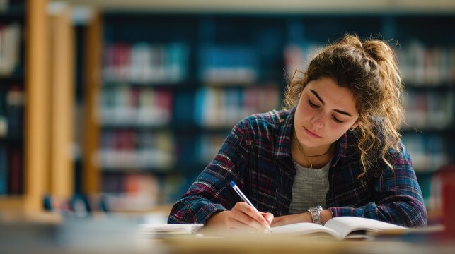 high school student taking notes from book for her study young woman sitting at desk and finding information in college library focused girl studying in classroom completing assignment no logos no br - Powered by Adobe