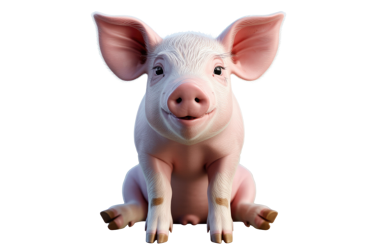 Adorable 3D rendered piglet sitting, cheerful expression, pink skin, transparent background. background removed